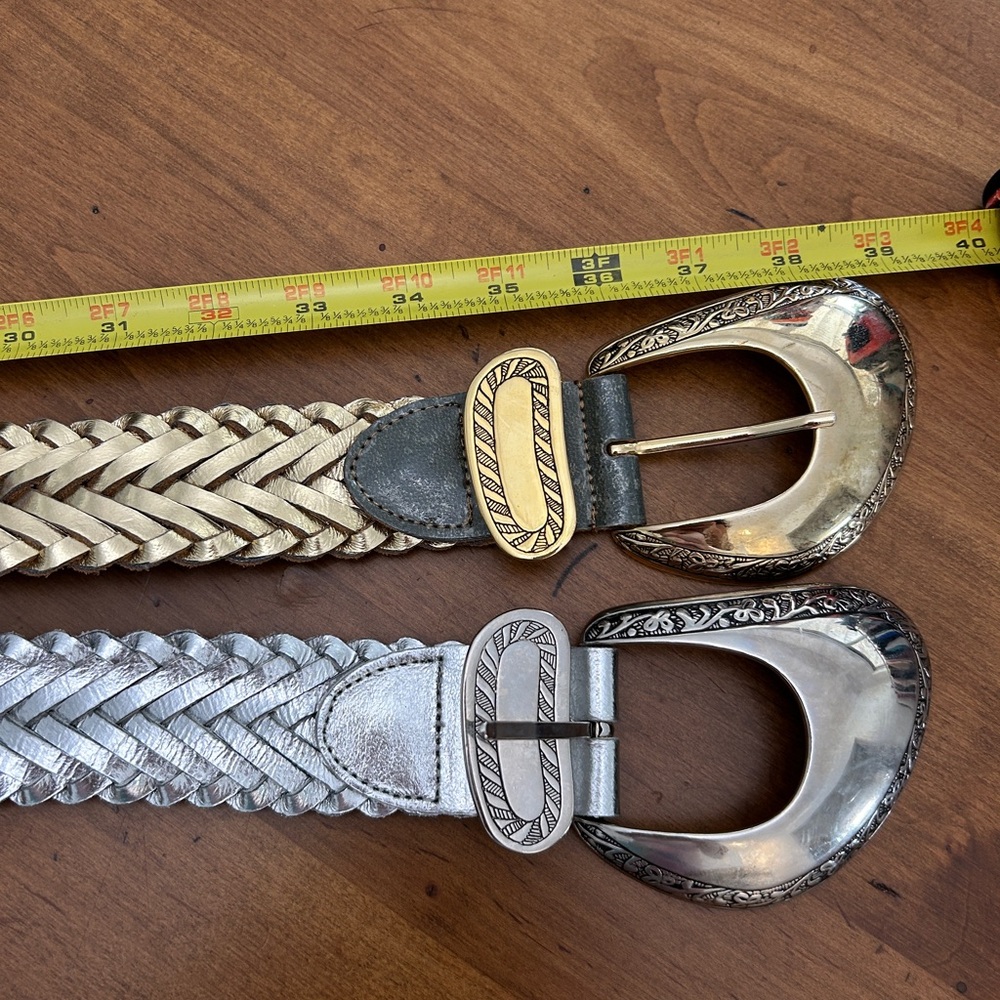 Woven Metallic Leather Belt Big Buckle Gold Silver (2)